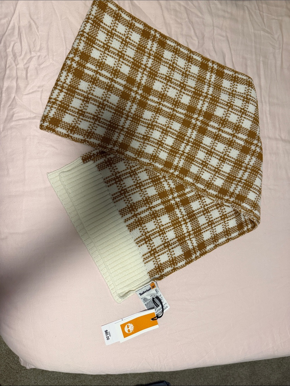 Timberland Brand New Cream and Brown Plaid Knit Scarf